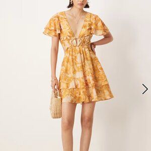 ASOS DESIGN v neck angel sleeve cut out mini dress in floral print